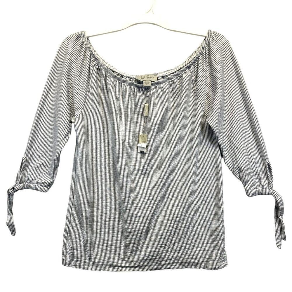 Charlie Paige Woven Seersucker Blouse Off Shoulder Blue‎ Pinstripe Size S/P NWT